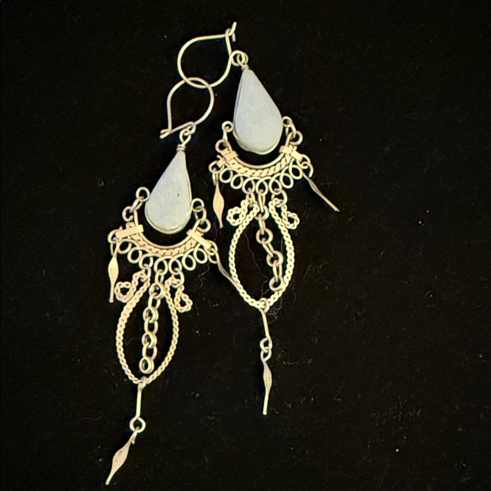 Elegant alpaca, silver, intricate lightweight Celestine gemstone Dangle Earrings